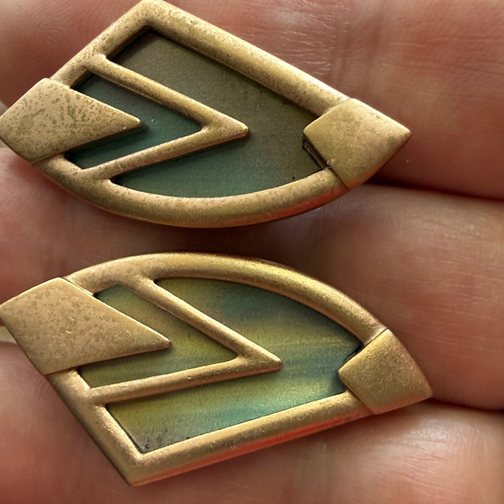 Monet Gold Tone Art Deco Lucite Earrings — Iridescent Blue-Green Inlay
